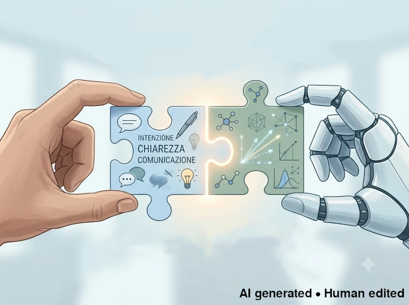 Una mano umana e una mano robotica che incastrano insieme due tessere di un puzzle