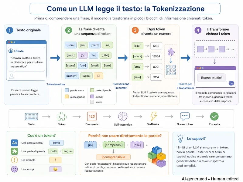 Esempio visivo di testo scomposto in token evidenziati con colori diversi