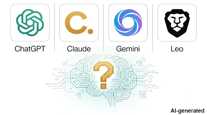 Loghi di ChatGPT, Claude, Google e Brave affiancati per un confronto visivo, con rappresentazione schematica del funzionamento interno di un LLM
