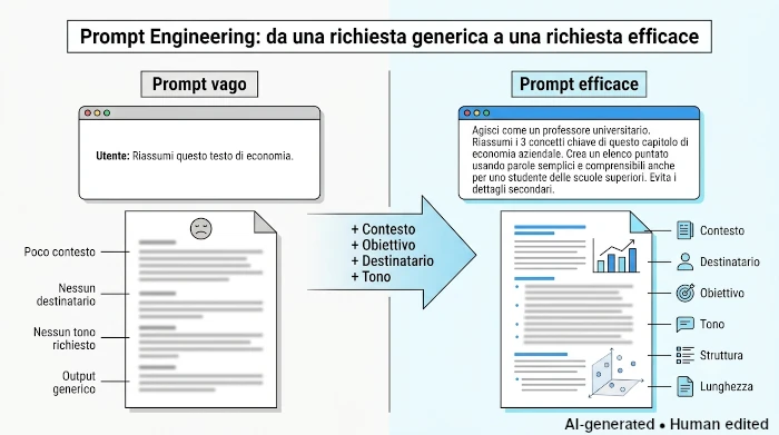 Grafica comparativa di prompt engineering che mostra la differenza tra un prompt vago e un prompt efficace ricco di contesto