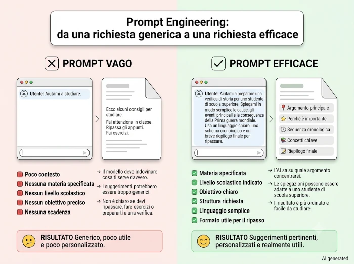 Infografica comparativa split-screen: a sinistra l'esempio di un prompt vago errato e a destra la struttura di un prompt efficace ottimizzato