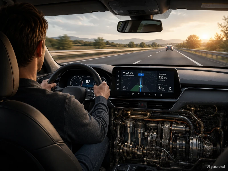 Illustrazione concettuale del cruscotto di un'auto moderna con un'interfaccia digitale luminosa e il motore che si intravede in trasparenza attraverso il cruscotto