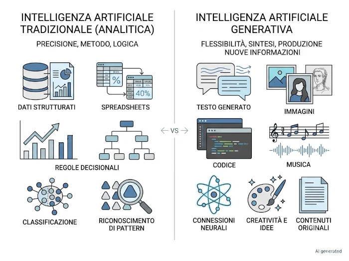 Diagramma comparativo a due colonne tra intelligenza artificiale tradizionale analitica e intelligenza artificiale generativa