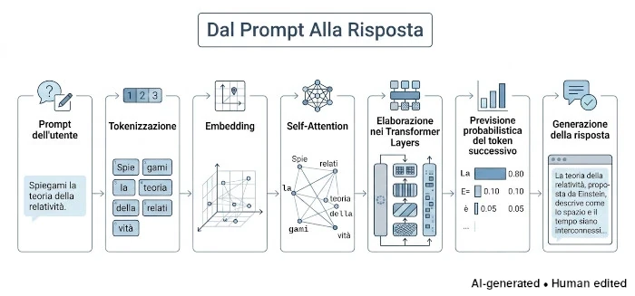 Infografica sul funzionamento di un LLM: il percorso del prompt attraverso tokenizzazione, self-attention e previsione probabilistica