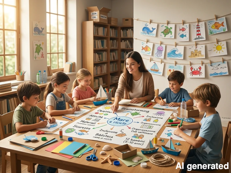 Disegni colorati a tema mare, riciclo e bambini, che rappresentano l'organizzazione di un progetto educativo