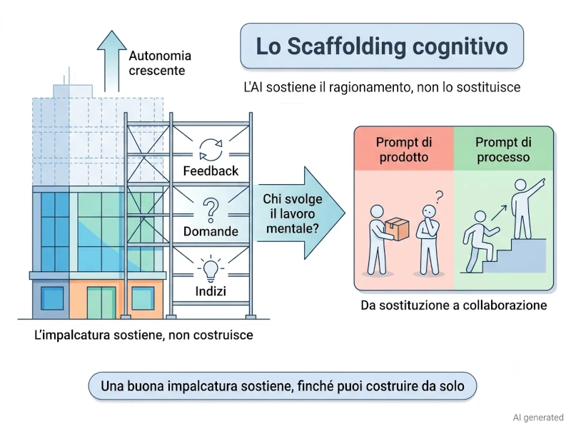 Un'impalcatura leggera e luminosa che sostiene la costruzione di un edificio moderno, simbolo di supporto all'apprendimento