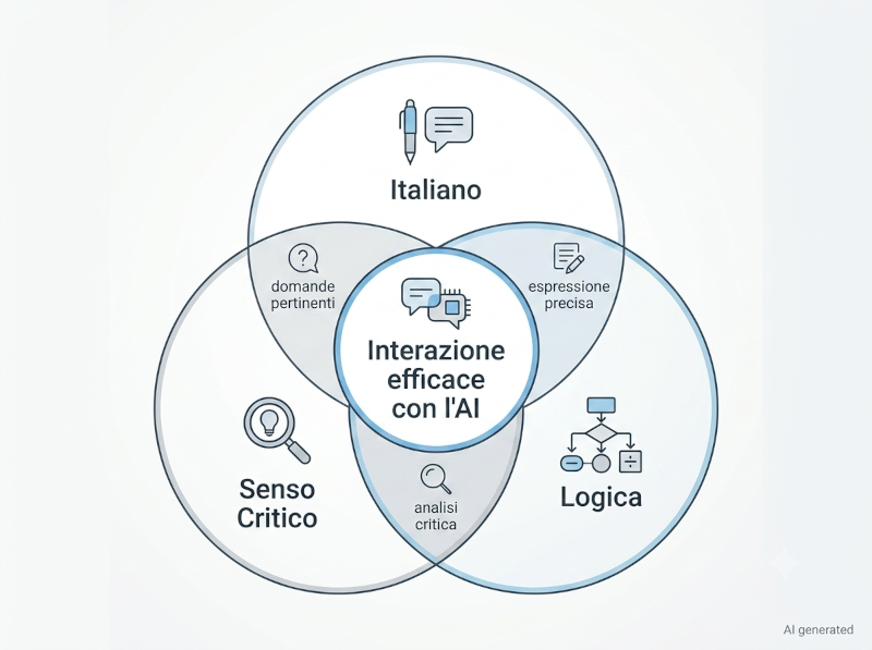 Infografica sui tre pilastri per usare l'AI: lingua madre, senso critico e logica matematica