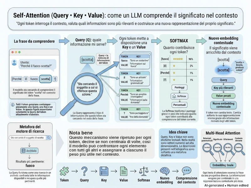 Diagramma semplificato del meccanismo di attenzione QKV in un Transformer